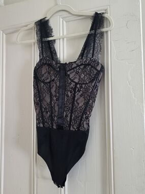 Vici Black Lace Bodice Sheer Bodysuit with Nude Lining